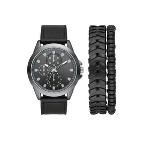NEW George Mens Watch & Bracelet Set Smoky GunMetal Black Quartz Analog Movement